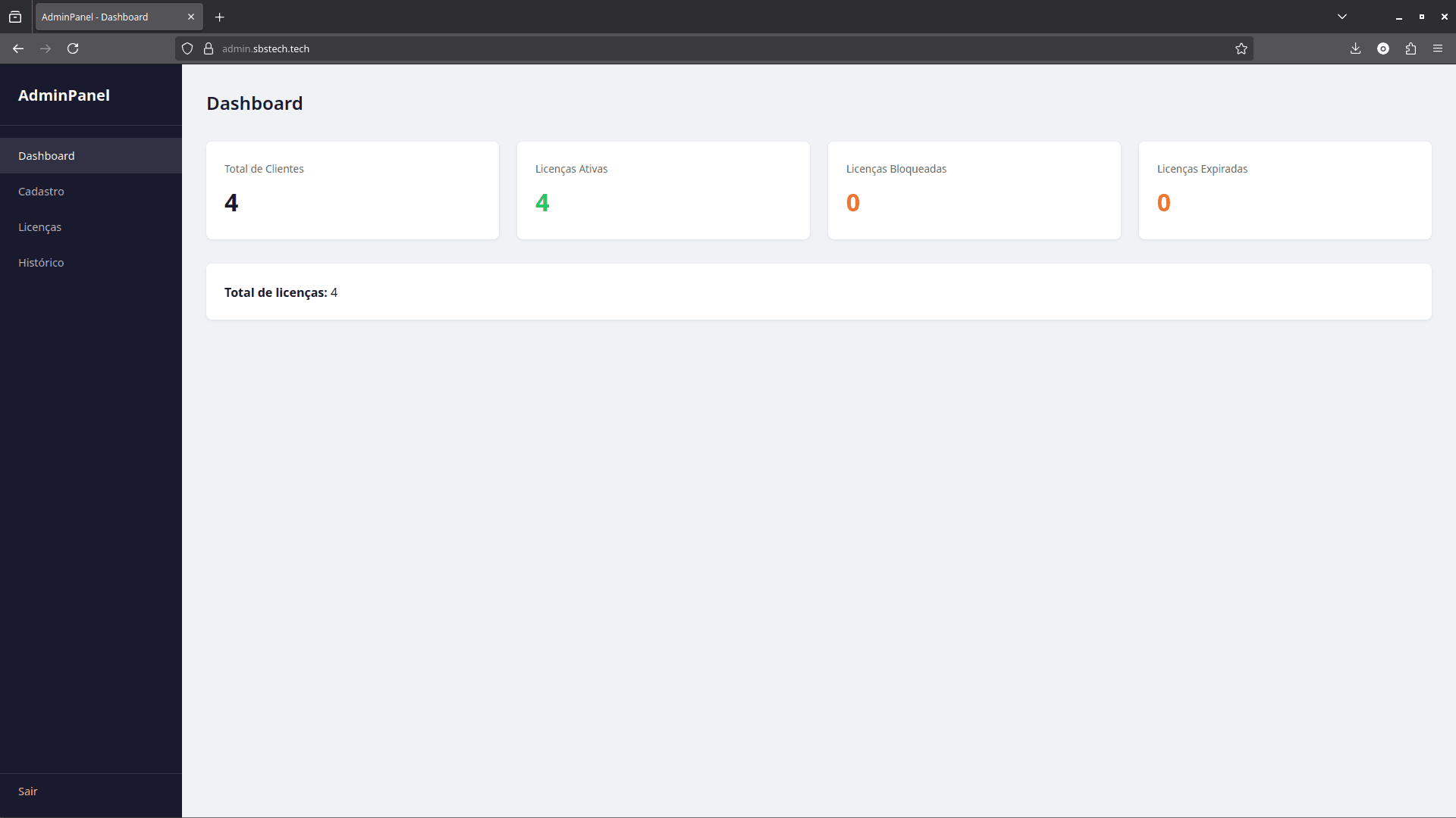Dashboard do Sistema de Licenciamento