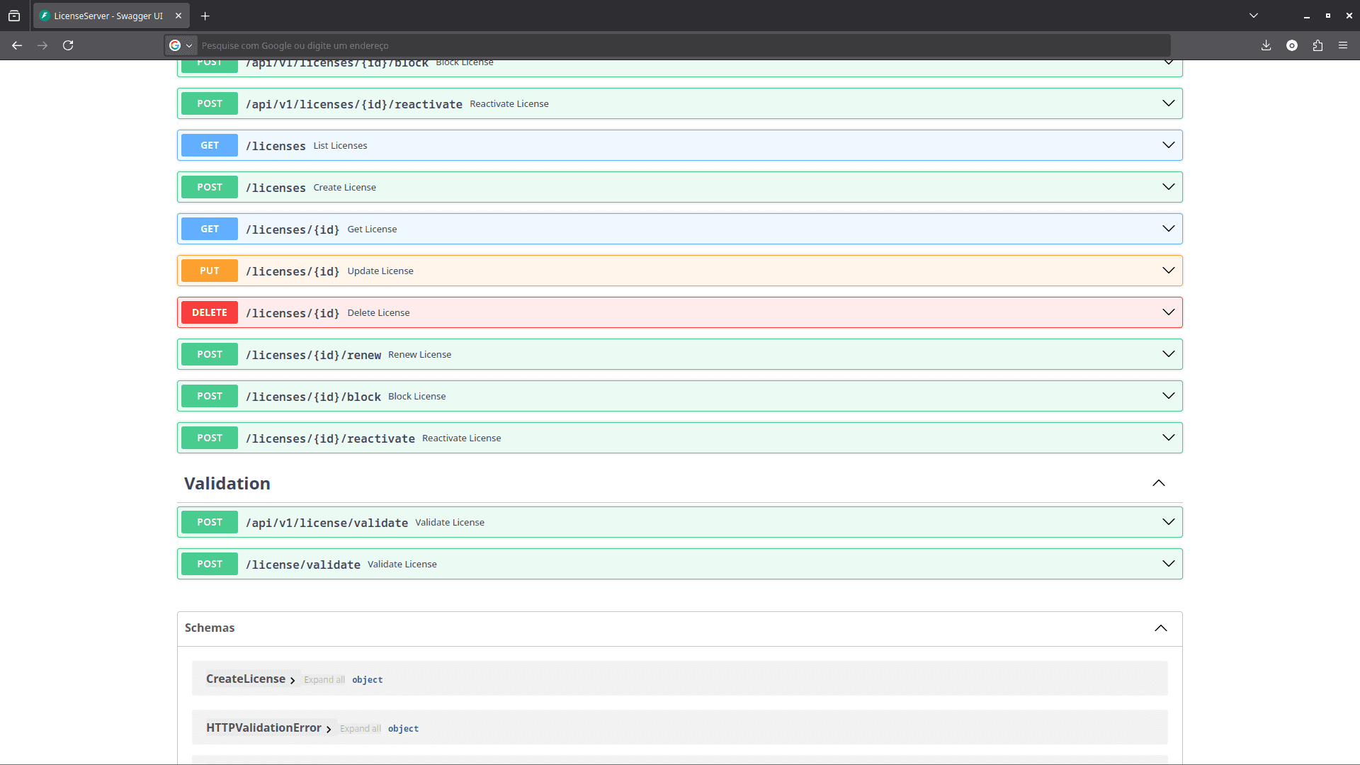 Endpoints da API do Sistema de Licenciamento