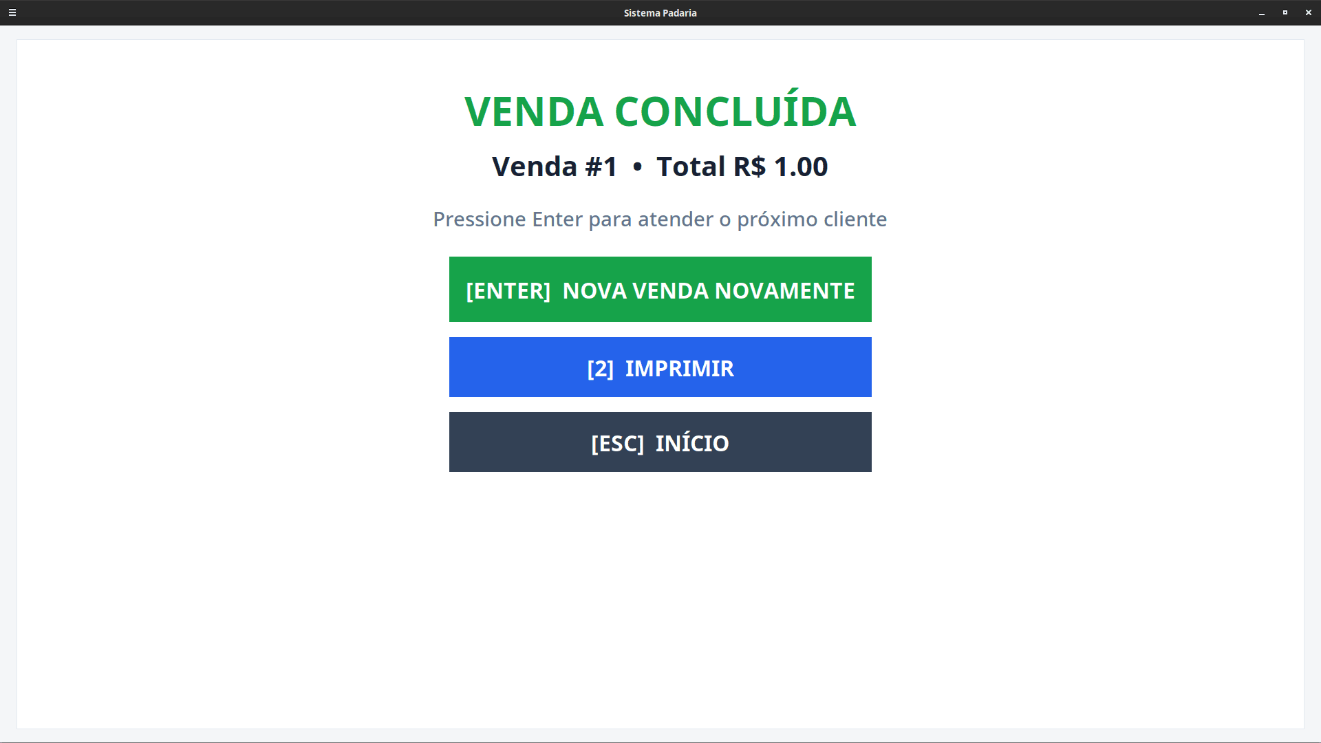 Comprovante de venda concluída no Sistema Padaria