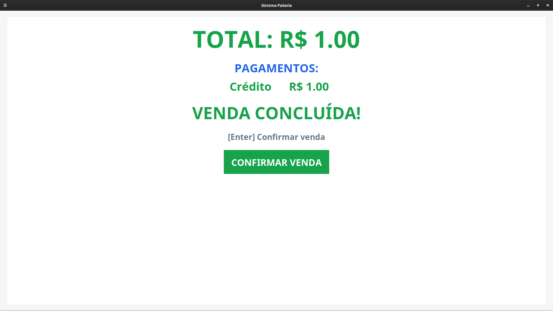 Confirmação de venda concluída no Sistema Padaria