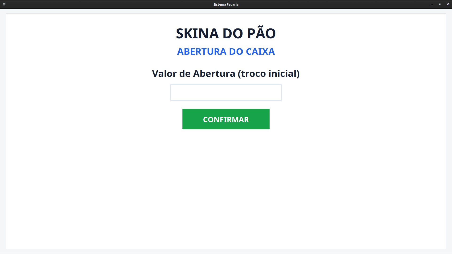 Tela inicial do Sistema Padaria
