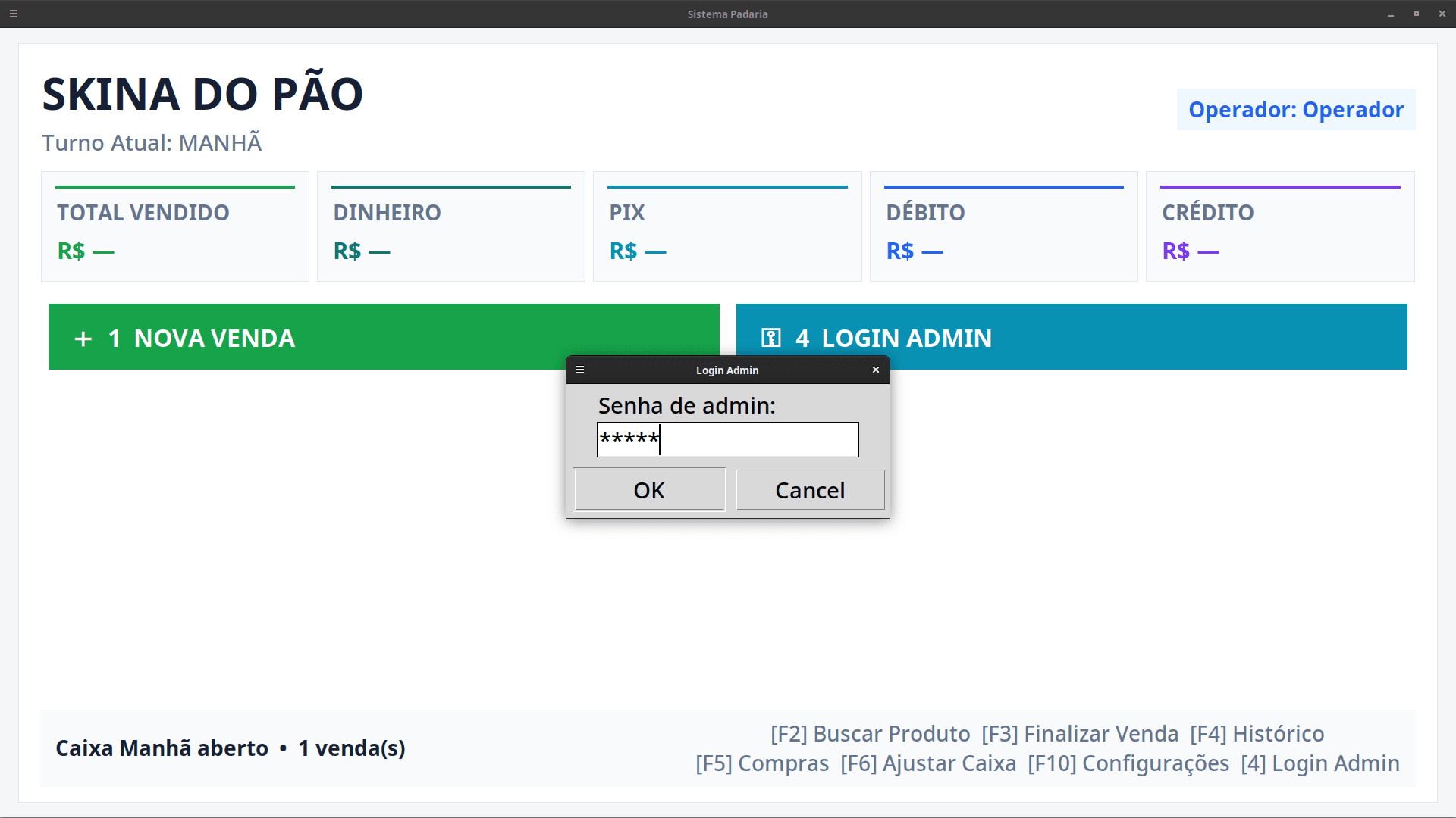 Login administrativo do Sistema Padaria