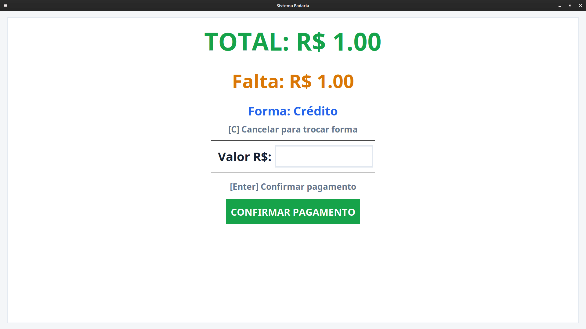 Confirmação de pagamento no Sistema Padaria