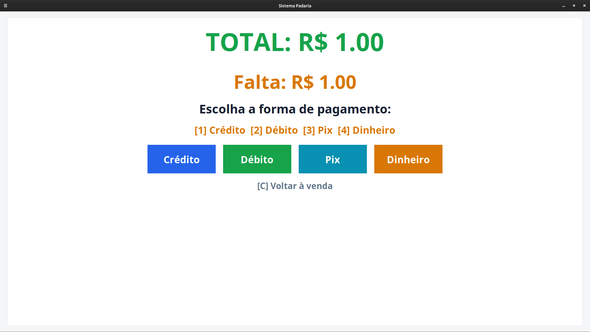 Seleção de pagamento do Sistema Padaria