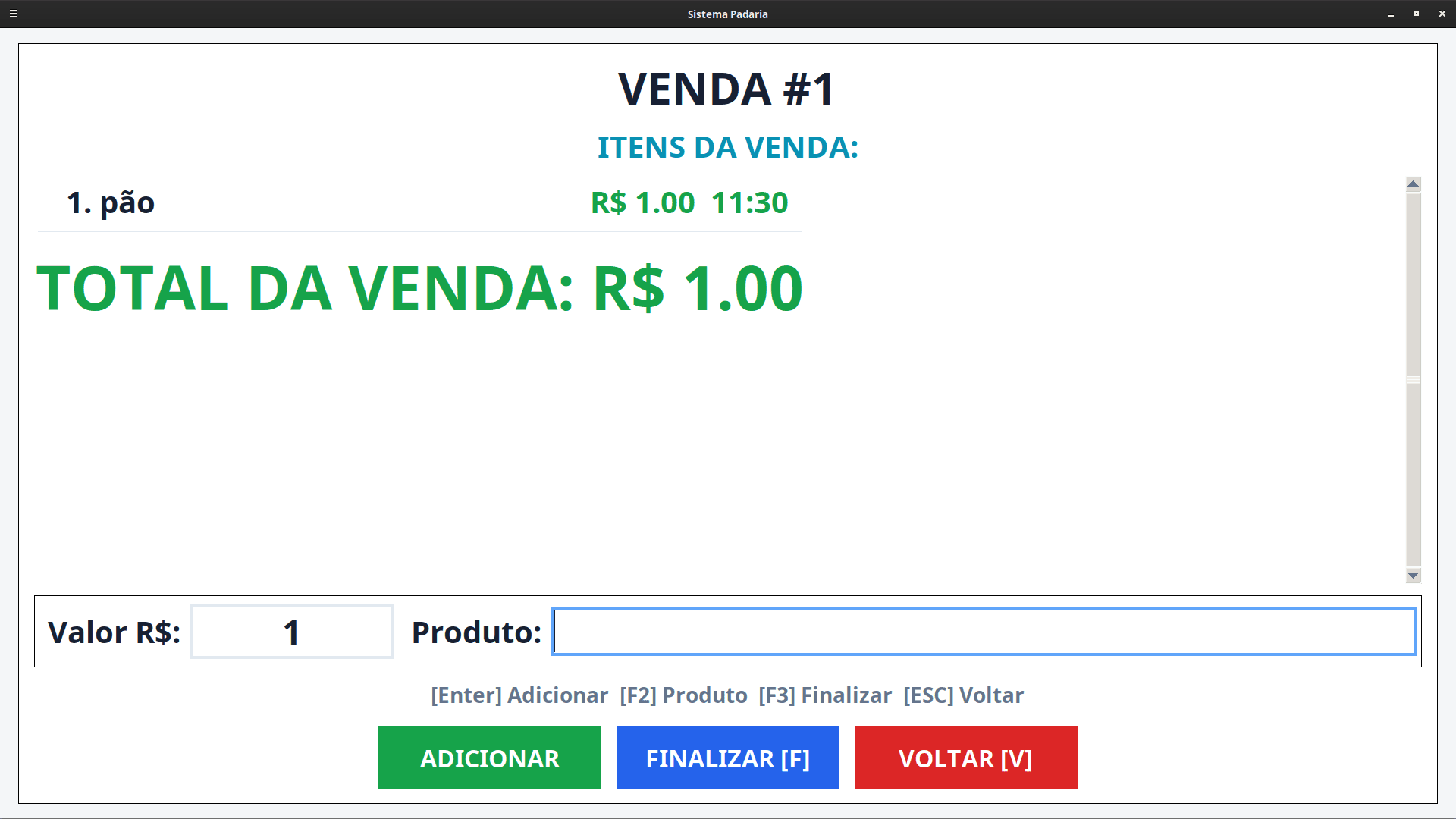Tela de registro de venda do Sistema Padaria