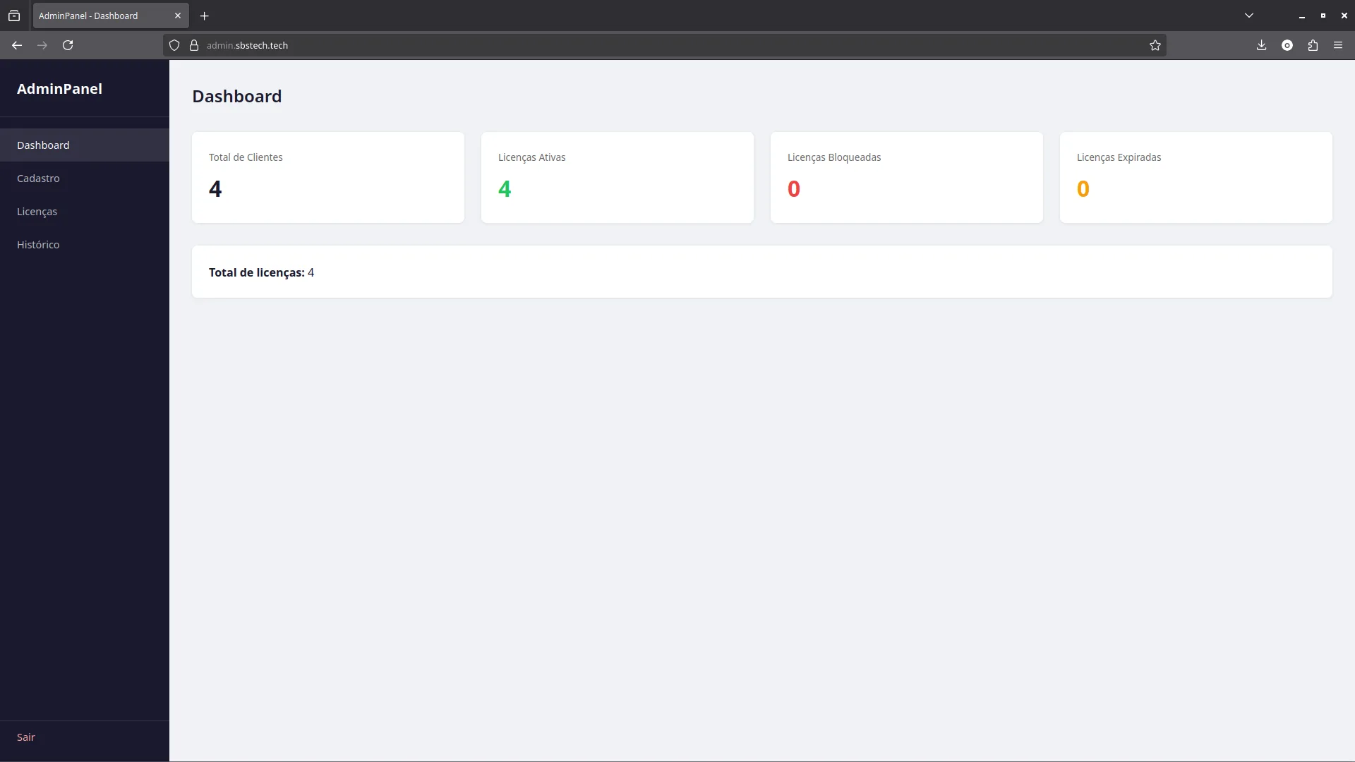Dashboard do Sistema de Licenciamento