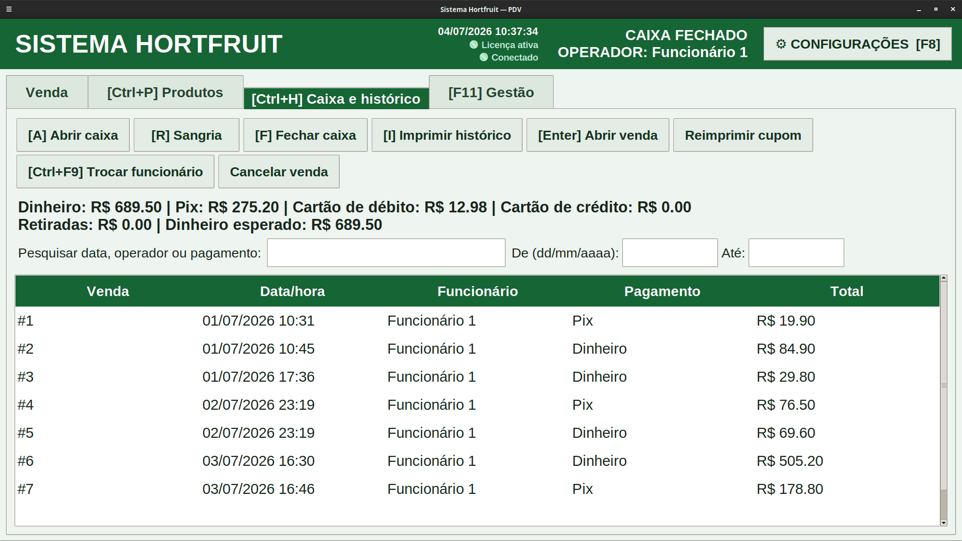 Caixa e histórico do Sistema Hortifruti