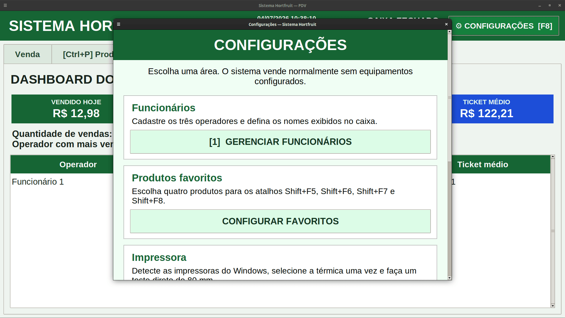 Tela inicial de configurações do Sistema Hortifruti