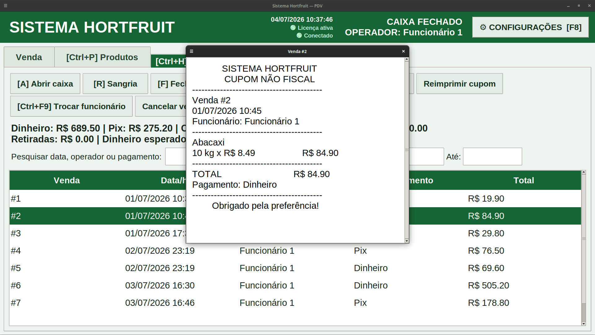 Cupom para impressão do Sistema Hortifruti