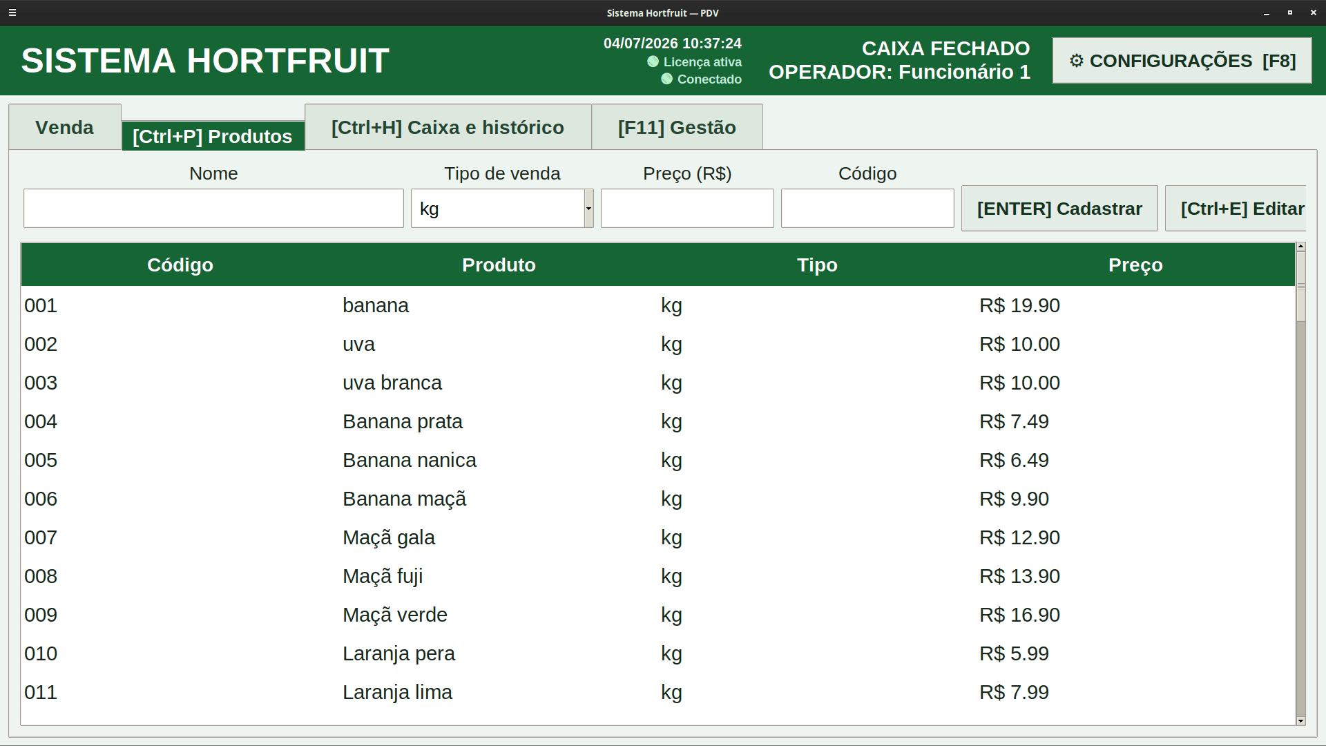 Cadastro de produtos do Sistema Hortifruti
