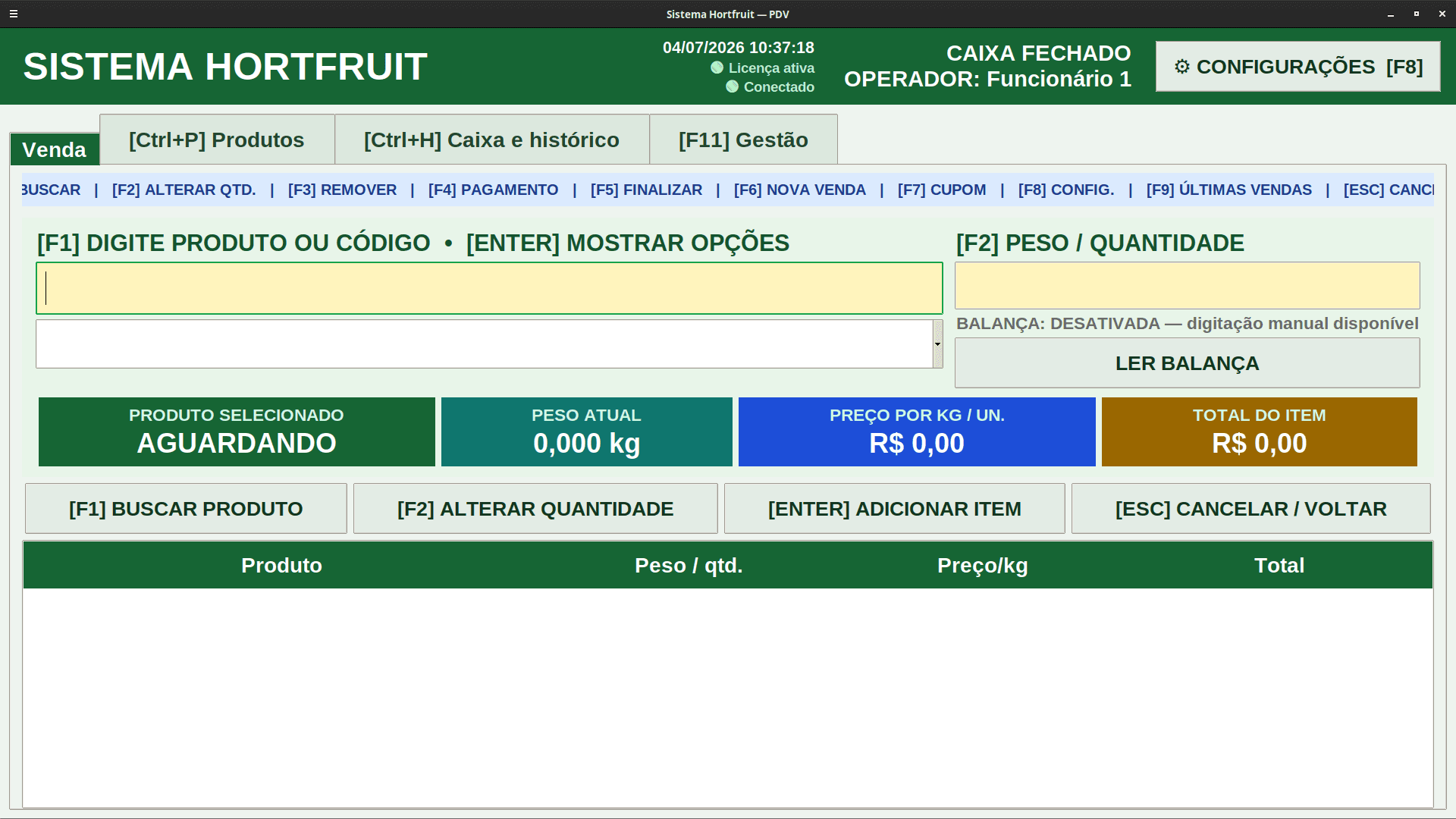Tela de vendas do Sistema Hortifruti